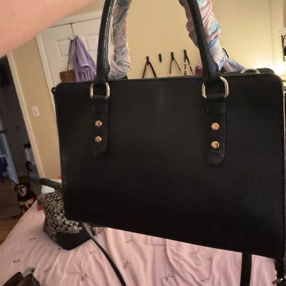 kate spade black leather satchel with pink scarf-wrapped handle - Picture 3 of 6